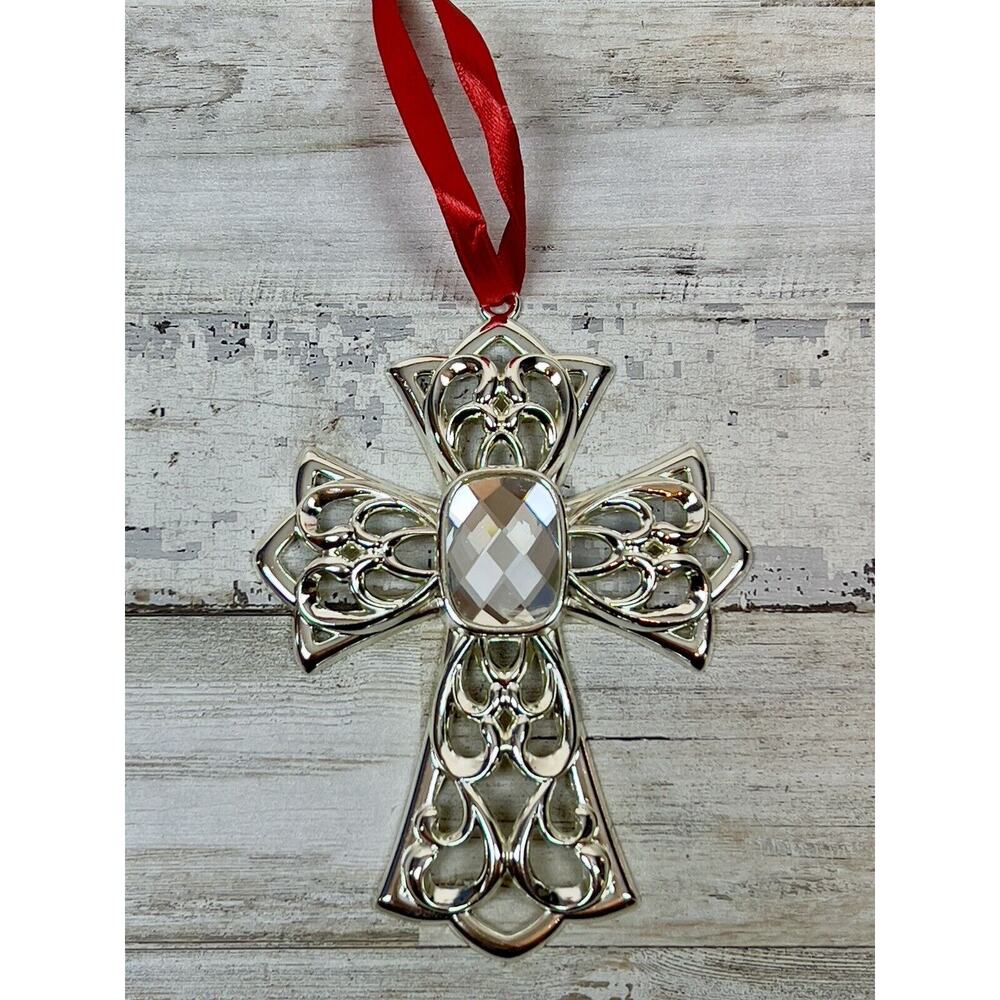Lenox Jeweled Filigree Cross Ornament Silver Plated 4.5"